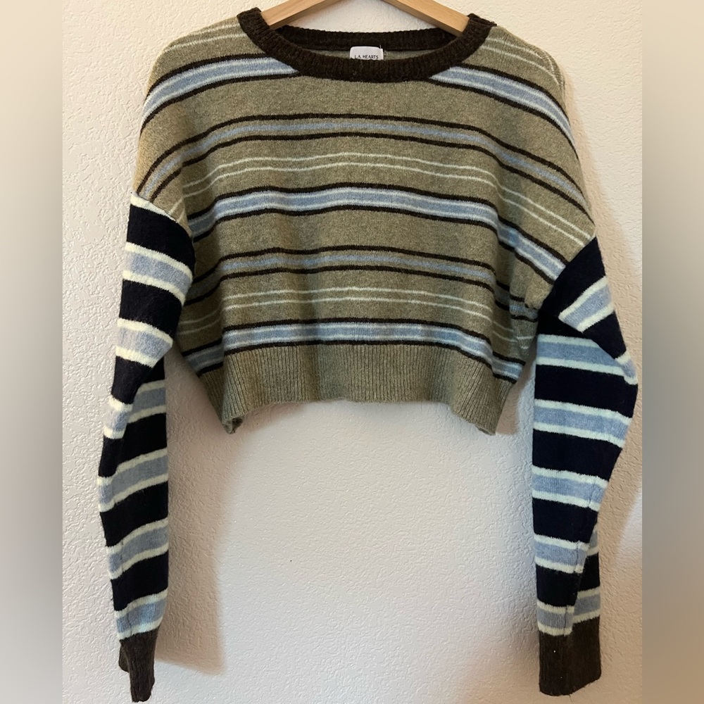 L.A. Hearts Blue and Gray Striped Cropped Sweater Medium Sporty